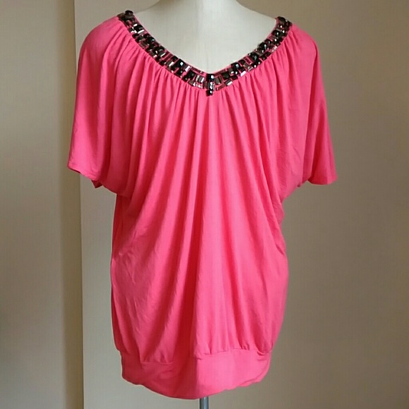 Avenue Tops - E Beautiful Beaded Neckline Blouse Plus Size